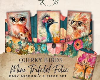 Quirky Birds Junk Journal Folio Trifold - Vintage Ephemera - Digital Download - Shabby Chic Scrapbook Pages 11 x 8.5, JJ046