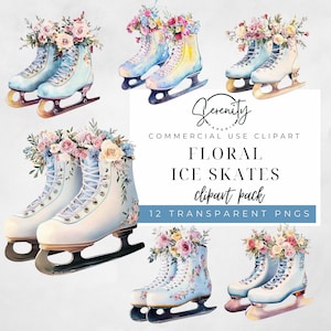 Floral Ice Skates Clipart with Commercial Use of Winter Sports Figure Skating Clip Art in Watercolor Illustrations CA002