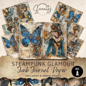 Steampunk Glamour, 6 Digital Journal Pages, Printable Ephemera, Paper Craft, Collage Sheet 11 x 8.5, JJ002A