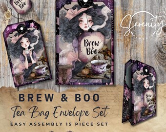 May include: A Halloween-themed tea bag envelope set with a witch illustration. The set includes tags and envelopes with the text "Brew & Boo". The artwork features a witch with a teacup, pumpkins, and spiderwebs, in shades of purple and pink.