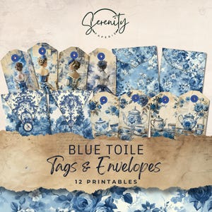 Blue Toile Junk Journal Tags and Envelopes, Digital, Printable Ephemera, Paper Craft, Collage Sheet 11 x 8.5 | JJ022