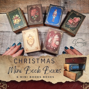 Puede incluir: Colección de seis mini cajas con forma de libro con temática navideña. Cada caja presenta un diseño vintage único, con imágenes de un cascanueces, Papá Noel y un trineo. Las cajas están dispuestas sobre una superficie de madera, con el texto "Christmas Mini Book Boxes".