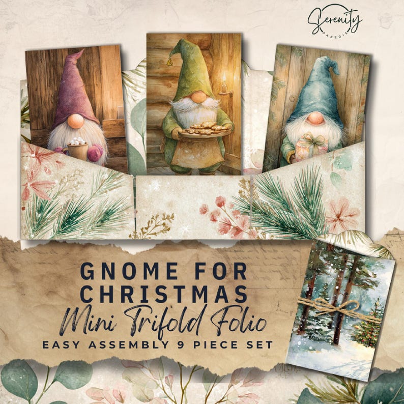 Christmas Gnomes Junk Journal Folio Trifold Mini Ephemera Printable Kit ...