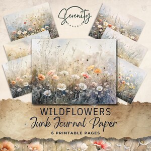 Wildflower Junk Journal Paper, 6 Floral Digital Journal Pages, Printable Ephemera, Collage Sheet, Paper Craft, 11 x 8.5 - JJ013