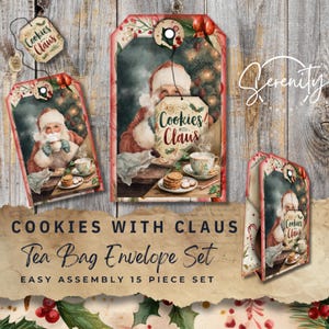 May include: Christmas tea bag envelope set with a vintage design. The set features illustrations of Santa Claus with cookies and tea, and the text "Cookies with Claus". The set includes 15 pieces and has a rustic aesthetic.