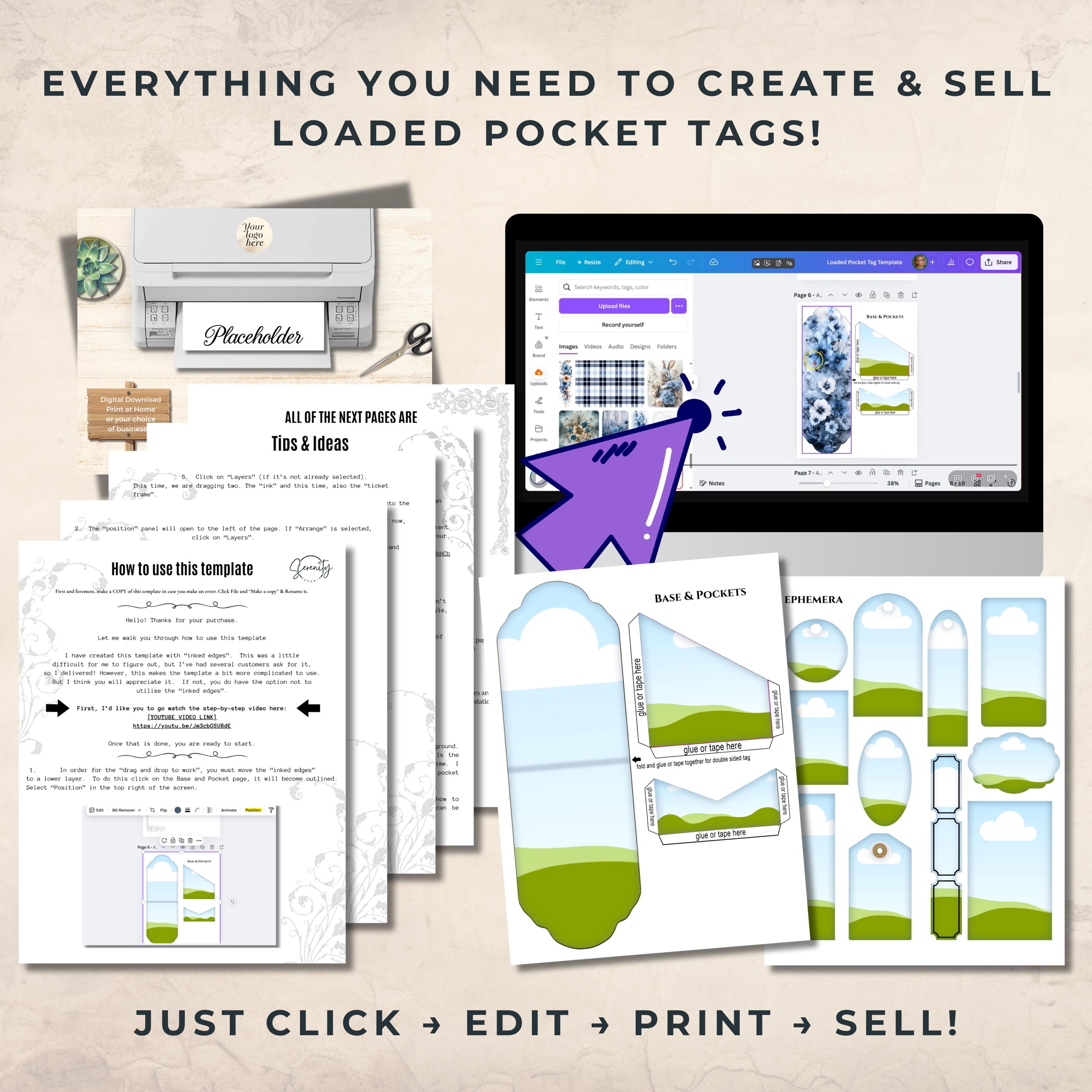 Loaded Pocket Tag Canva Template Printable Base Pockets Junk Journal ...