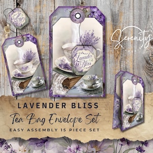 May include: A set of lavender-themed tea bag envelopes. The design features a teacup, saucer, and lavender sprigs. The text "Lavender Bliss" and "Tea Bag Envelope Set" are displayed. The set includes 15 pieces.