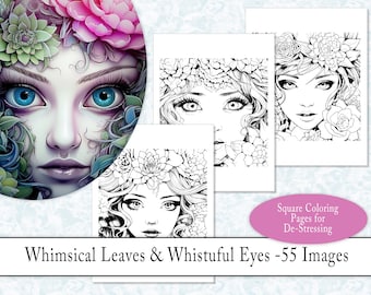 55 Beautiful Faces and Succulents - Whispering Leaves and Wistful Eyes Printable Relaxation