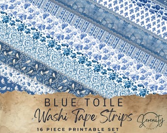 Washi Tape Printable Download – Blue Toile for Junk Journaling, Vintage Craft Embellishments  8.5x11 - JJ091