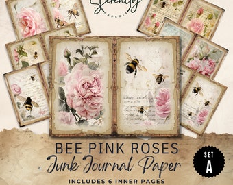 Diário Digital Pink Roses Junk, 6 Páginas de Artigos Efêmeros Florais para Imprimir, Folhas de Colagem 11x8,5 para Artesanato em Papel JJ006A