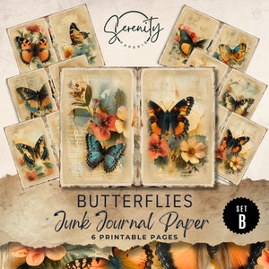 Butterflies Junk Journal Paper, Floral 6 Digital Journal Pages, Printable Ephemera, Paper Craft, Collage Sheet 11 x 8.5, JJ019B