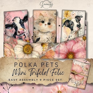 Junk Journal Foldable Folio Set Polka Pets Trifold Mini, Ephemera, DIY Crafting Digital Download 11x8.5 JJ108
