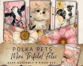 Junk Journal Foldable Folio Set: Polka Pets Mini Trifold (Digital Download 11x8.5") JJ108