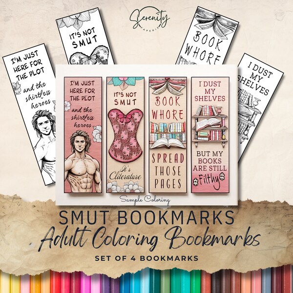 Set di 4 segnalibri Smut da colorare per adulti. Segnalibri divertenti, ottima idea regalo per lettori e amanti dei libri