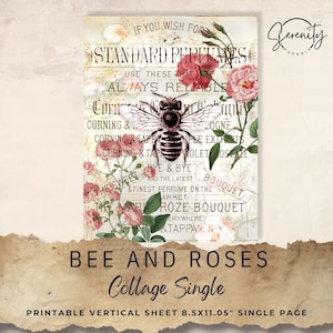 Puede incluir: Hoja vertical imprimible con un collage vintage de abejas y rosas. El diseño incluye una ilustración detallada de una abeja, rodeada de rosas rosas y elementos botánicos. El texto incluye "Standard Perfumes" y "Bye & Bye". La hoja mide 21,59 x 28,07 cm.