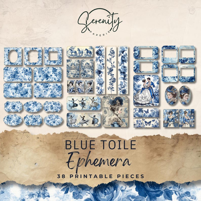 Blue Toile Junk Journal Ephemera Cards, 38 Mini Extras Pack, Printable ...