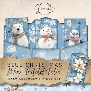 Diario basura navideño azul, tríptico mini imprimible, etiquetas y bolsillos, papel artesanal efímero de 11 x 8,5, JJ034