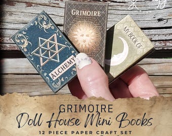 Puede incluir: Un conjunto de 12 mini libros de papelcraft con temática de brujería. Los libros se titulan "Grimorio", "Alquimia" y "Mi Libro De".