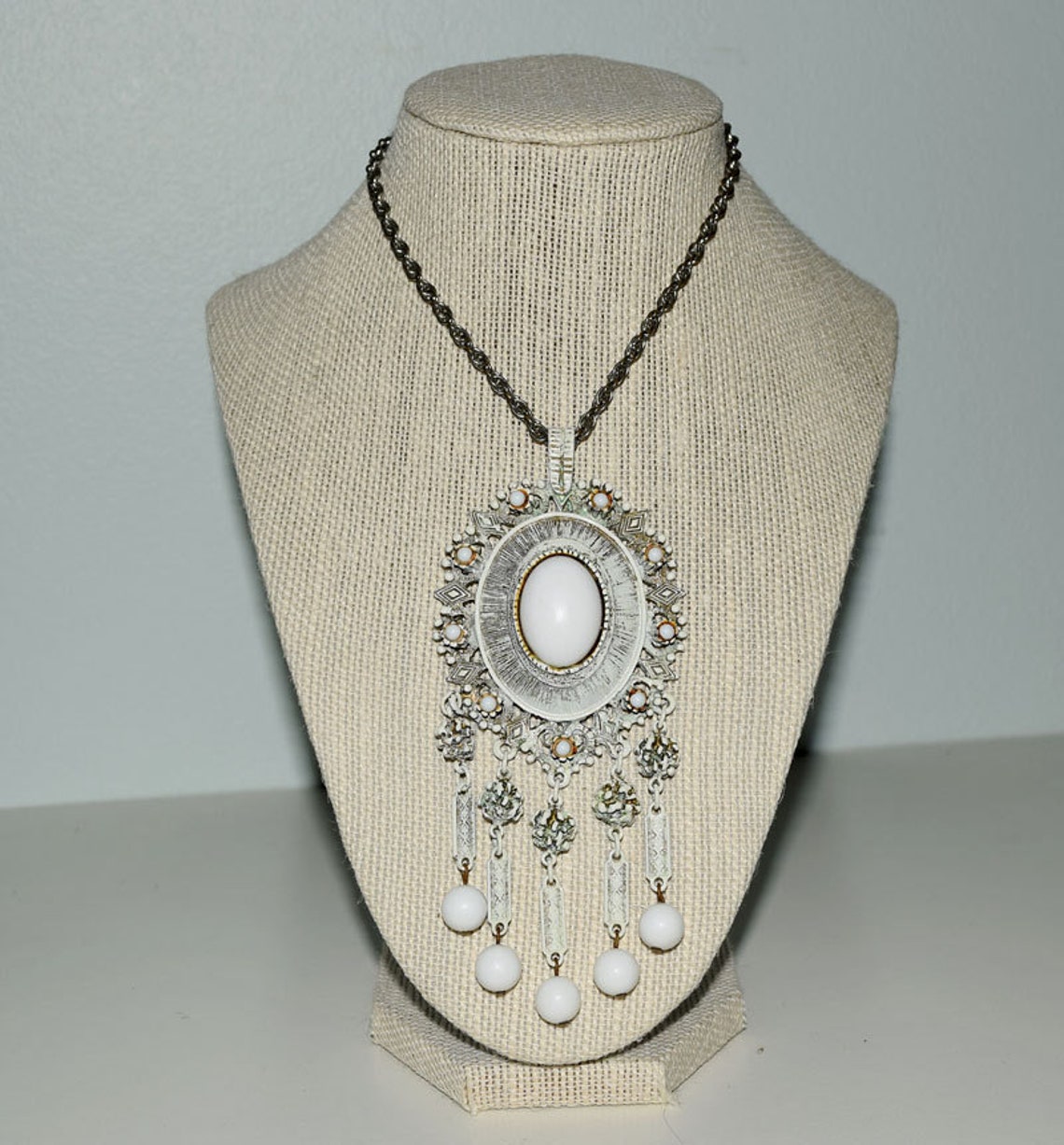 Vintage Necklace Large Antiqued White Beaded Pendant With Etsy
