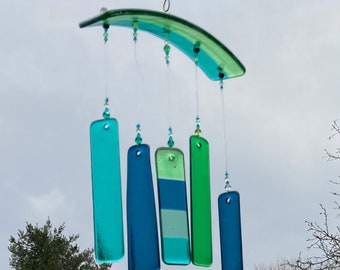 Caribbean Inspired Wind Chimes.  Blues and Greens in an  Arched Shape.