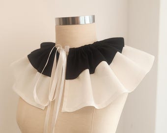Clown Collar and Hat Ruff, Cosplay Costume Set, Black / White Detachable Circus Ruffled Collar