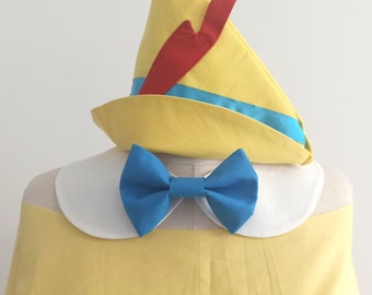 Pinocchio dress up, Pinocchio hat, Pinocchio costume, Pinocchio bowtie ,White Collar and bowtie ,Detachable collar, Blue bowtie