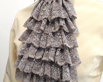 Victorian lace Jabot Grey Historical Ruffle collar Gray ruff jabot collar Pirate costume outfit, Vampire dress up Mad Hatter outfit