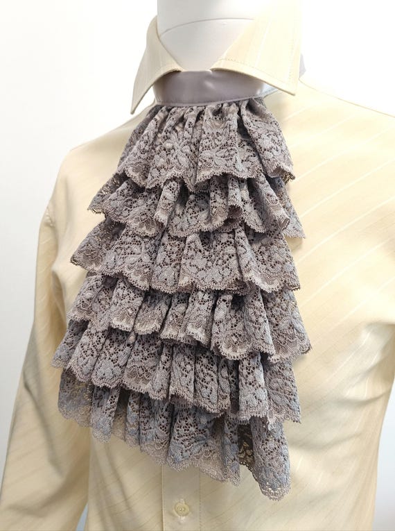 Victorian lace Jabot Grey Historical Ruffle collar Gray ruff jabot collar Pirate costume outfit, Vampire dress up Mad Hatter outfit