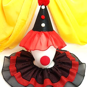 May include: A red and black clown costume hat with a red pom-pom on top. The hat has a red and black ruffle around the bottom. A red and black ruffle collar is also included.