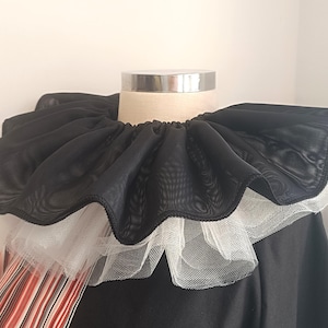 Könnte beinhalten: Ein schwarzer Rüschenkragen mit weißem Tüllbesatz. Der Kragen ist aus einem durchsichtigen Stoff gefertigt und hat einen zarten, femininen Look.