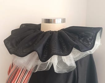 Clown collar 3-in-1 Pierrot ruffle ,Black Chiffon & White Tulle collar, Harlequin neck collar, Cosplay Clown halloween costume accessory