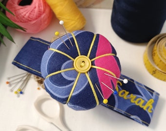 Personalized Wrist Pincushion – flower pin cushion bracelet, handmade sewing gift for Quilters & Sewers gift idea
