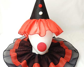 Clown-Kostüm Hut-Kragen-Set Harlekin Halloween Hut und Kragen Pierrot Rüschen und Hut Zirkuskragen Clown-Partyhut Cosplay Clown-Kostü