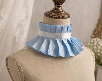 Blue Victorian Pleated ruffle collar, Handmade satin neck collar, Adjustable detachable collar for costume, cosplay and statement outfits