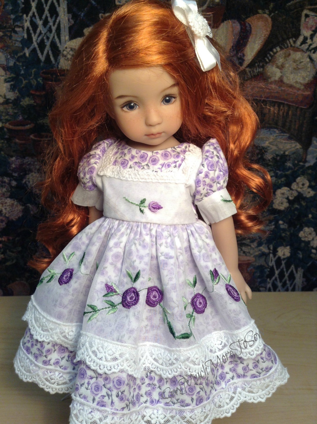 Effner Little Darling 13 Doll. Purple Rosebud Print With Vintage Organdy Apron and Embroidery ...