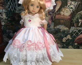 Regency Bonnet Ensemble for 13" Dianna Effner Doll: Pinstripe Silk, Lace Trim, Custom Made