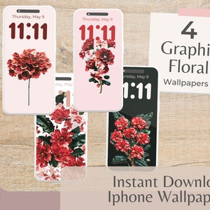 Red Floral iPhone Wallpapers, Graphic Flower, Floral Aesthetic, Wallpaper Digital Download, Instant Access, iPhone Wallpaper Set