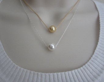 Pearl Necklace. Single Pearl Necklace. WHITE. CREAMY or GOLD Pearl. Floating Pearl Necklace. Layering Necklace. Bridesmaid Necklace.