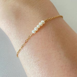 Dainty Freshwater Pearl Bar Bracelet on Sterling Silver. Gold Filled or Rose Gold Chain.  Tiny White Pearl Layering Bracelet. Gift for Her.