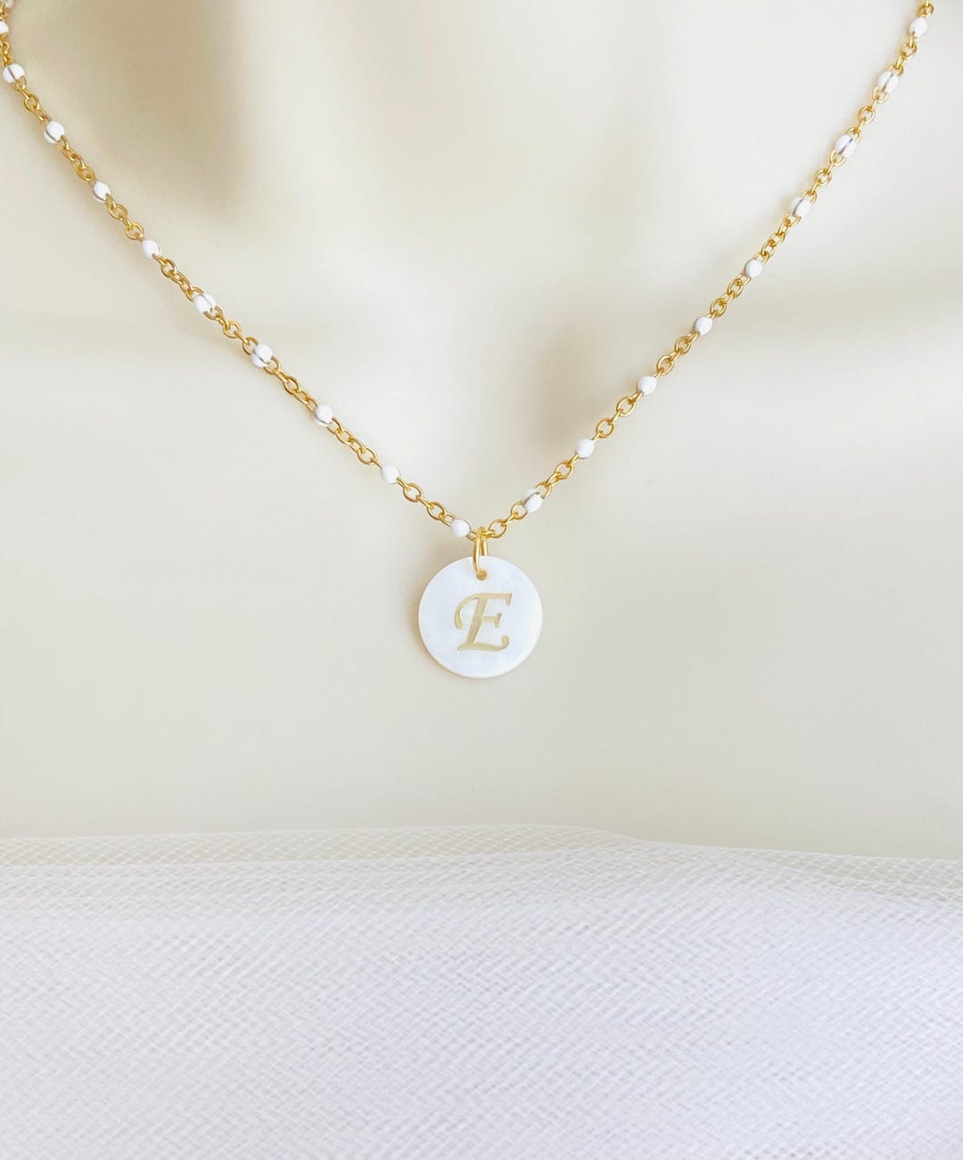 Initial Shell Pendants Gold Initial Necklace. Personalized Stainless Steel Enamel Chain ...