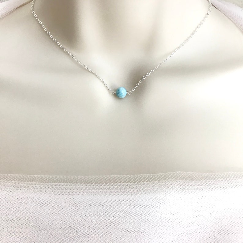 Larimar Necklace. Dainty Layering Larimar Choker. Natural Larimar. Sterling Silver or Gold Filled. TINY Blue Gemstone Necklace. Wedding. image 2