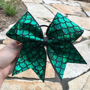 Black and Green Mermaid Dragon Scale Cheer Bow