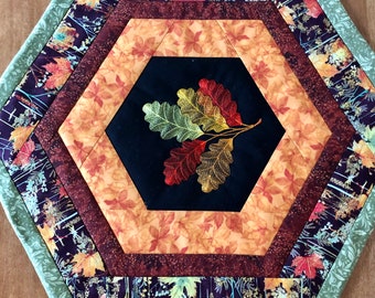 Autumn/Fall Hexagon Table Topper - Machine Embroidered Center - Quilted