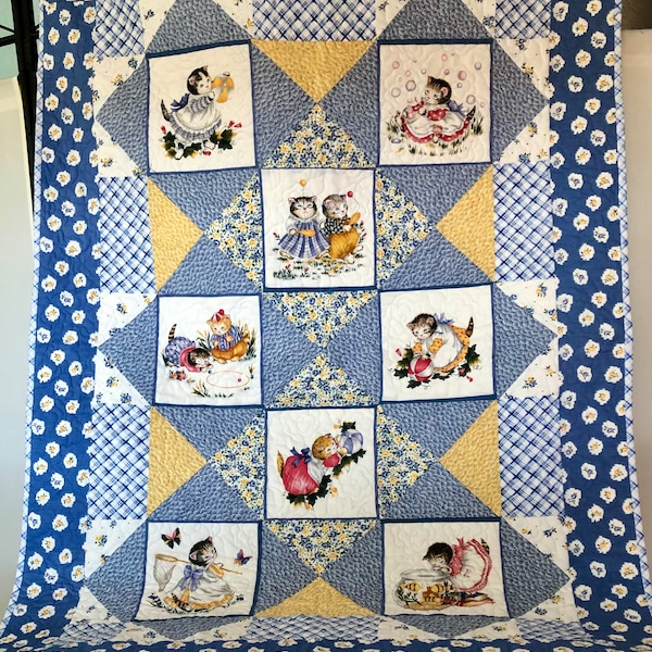 Kitty Cucumber Crib Quilt - Vintage Fabric - Ready to Ship