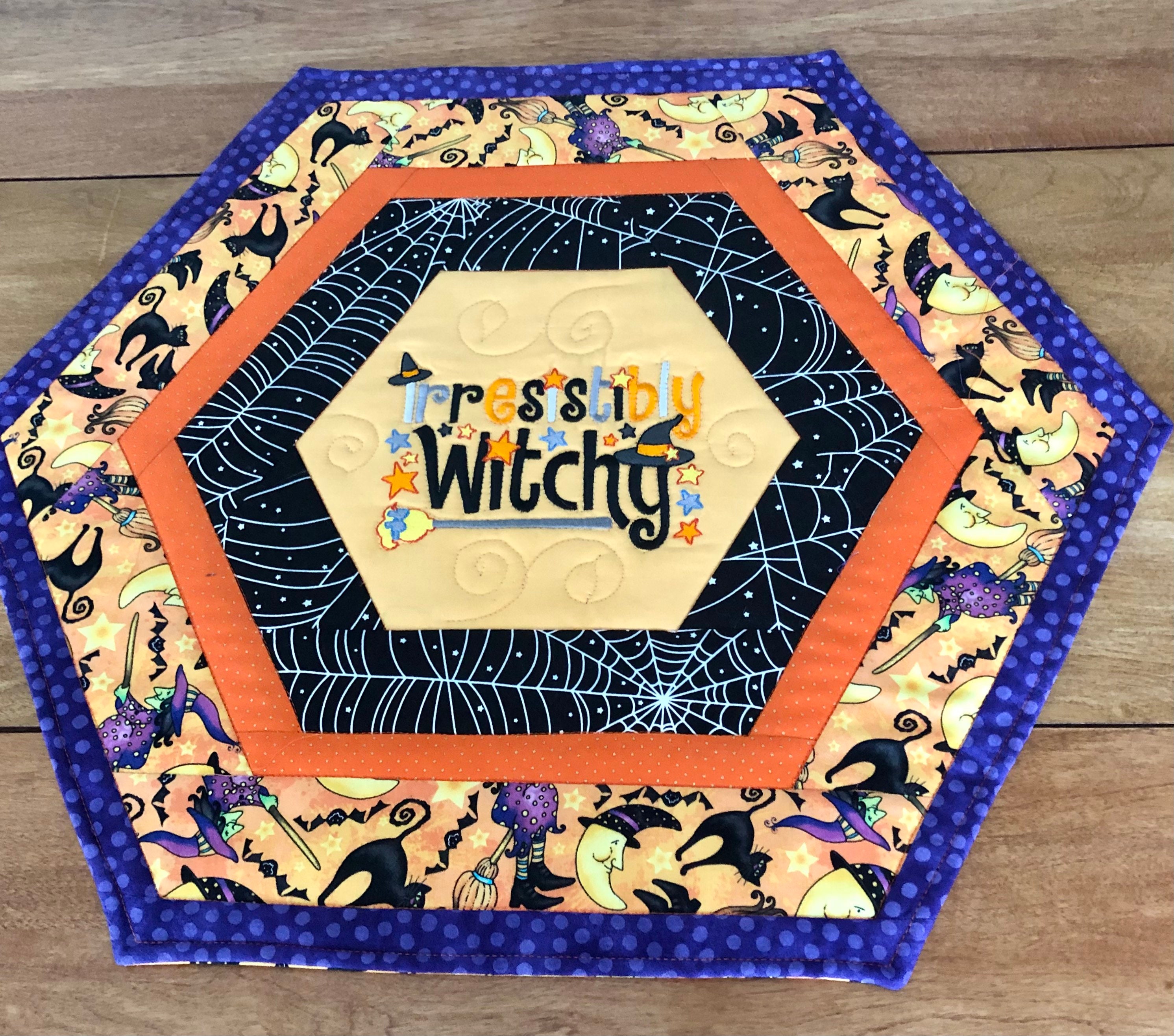 Halloween Hexagon Table Topper - Machine Embroidered Center - Quilted ...