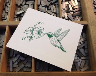 Ten Letterpress Note Cards "Hummingbird" - Set of 10 cards with matching envelopes