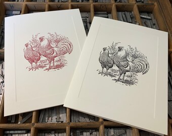 Ten Letterpress Note Cards "Rooster & Hen" - Set of 10 cards with matching envelopes