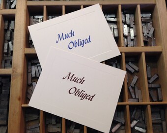 Ten Letterpress Note Cards "Much Obliged" - Set of 10 cards with matching envelopes