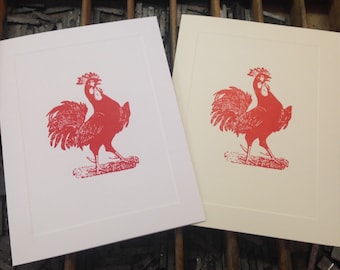 Ten Letterpress Note Cards "Rooster" - Set of 10 cards with matching envelopes