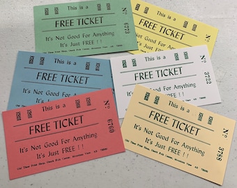 100 Random Color “Free Tickets” Letterpress Printed and Numbered - Package of 100 Novelty Tickets